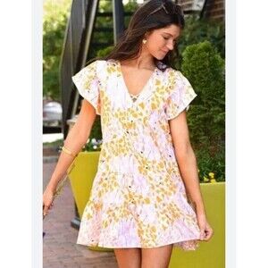 THML Abstract V-neck Tiered Fringed Sleeve Dress Size Large Women’s